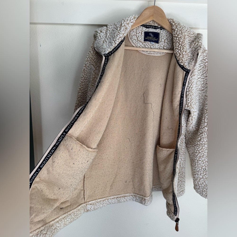 Simply Southern Sherpa Teddy Fleece Full Zip Hoodie Jacket Cream Tan Size M - Picture 3 of 11